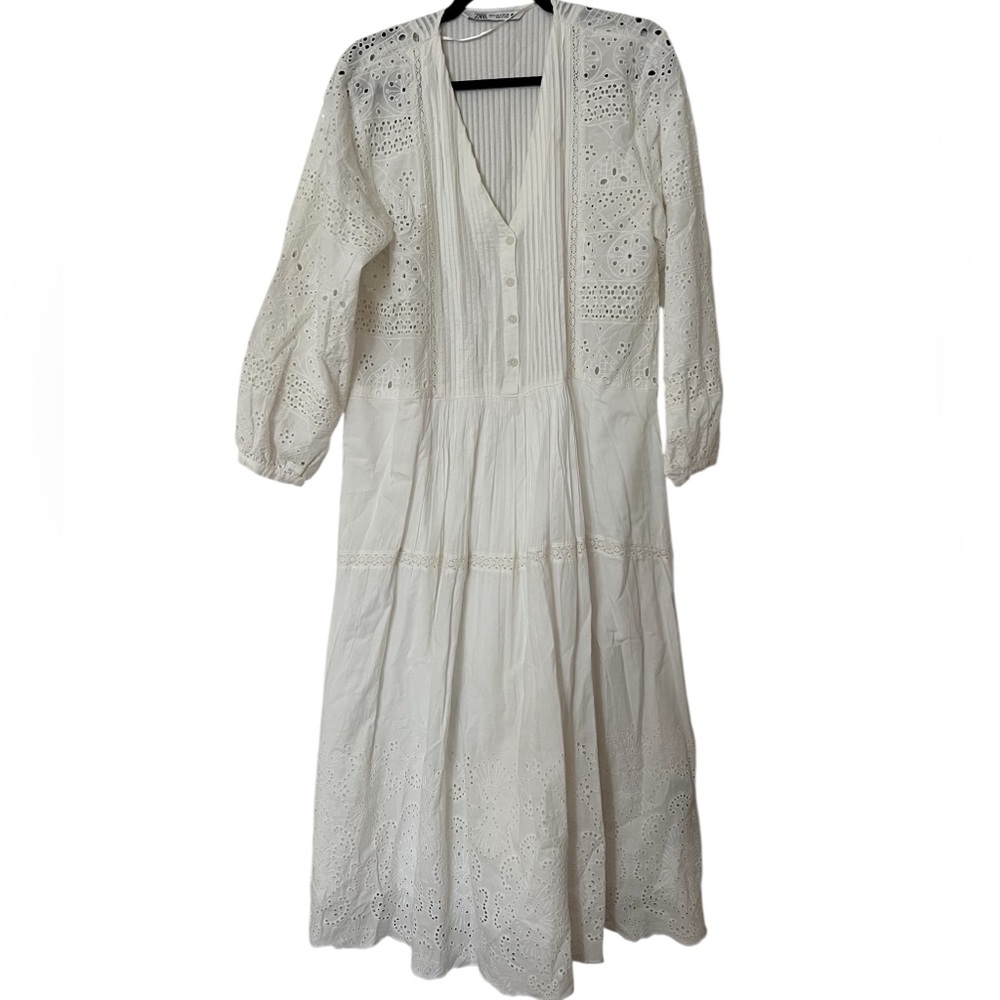 White Eyelet Maxi Dress with Pintuck Front